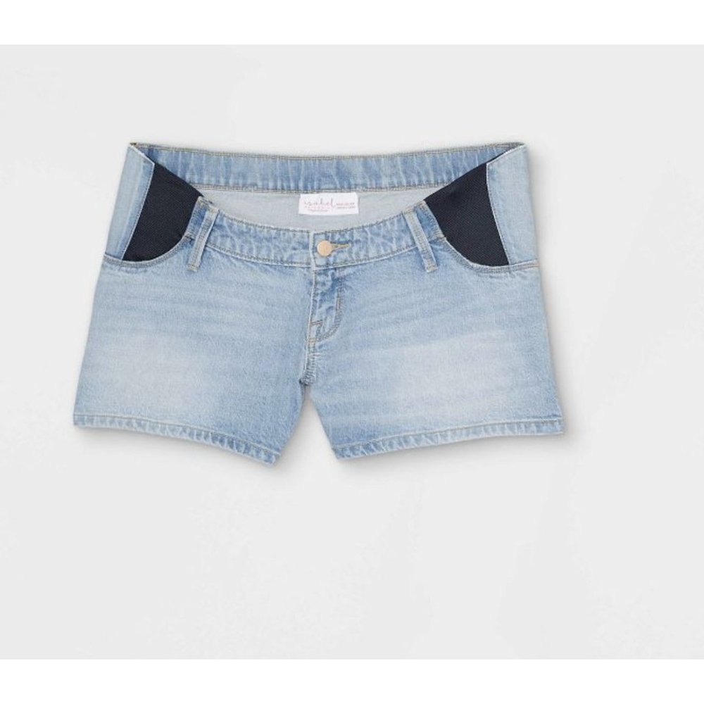 NWT Isabel Women's Side Panel Midi Maternity Jean Shorts, Light Blue, 4
